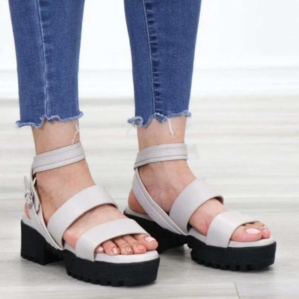 Gray Chunky Heel Sandals Multi Strap Buckle Closure Open Toe
